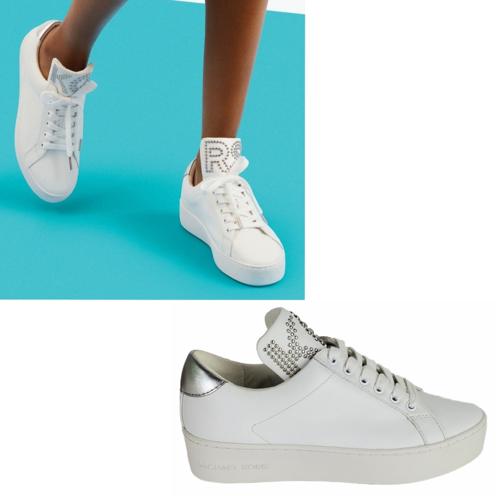 New Michael kors mindy leather lace up studded sneakers white silver